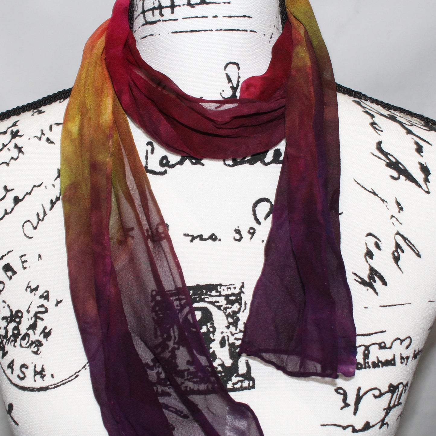 AUTUMN LEAVES Hand-Dyed Silk Chiffon Scarf - 8 x 54 inches - Purple Lamb