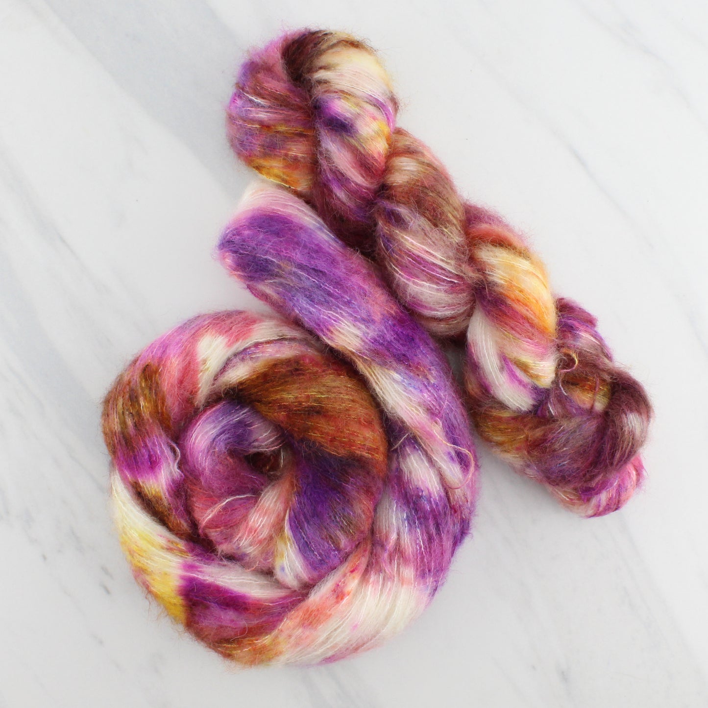 AUTUMN SUNSET Hand Dyed on Suri Lace Cloud - Splashed & Speckled Yarn