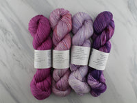 AS YOU WISH by Mary Annarella of Lyrical Knits - CURATED YARN SET #4 with Lilac, Burgundy Rose, Phantom of the Opera, and Kristin Lavransdatter on So Silky Sock