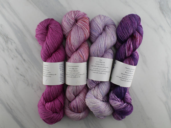 AS YOU WISH by Mary Annarella of Lyrical Knits - CURATED YARN SET #4 with Lilac, Burgundy Rose, Phantom of the Opera, and Kristin Lavransdatter on So Silky Sock