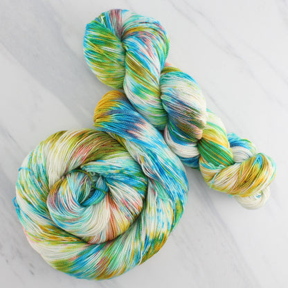 DAY AT THE BEACH Hand Dyed on Feather Fingering - Splashed & Speckled Yarn