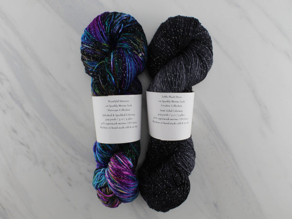 GIFT OF THE MERMAID by Lena Mathisson of Softyarn Designs - CURATED YARN SET #1 with Beautiful Universe and Little Black Dress on Sparkly Merino Sock