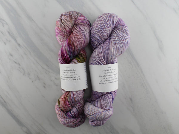 GIFT OF THE MERMAID by Lena Mathisson of Softyarn Designs - CURATED YARN SET #3 with Paris and Lilac on Sparkly Merino Sock