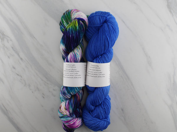 GIFT OF THE MERMAID by Lena Mathisson of Softyarn Designs - CURATED YARN SET #4 with Northern Lights and Freedom Blue on Sock Perfection