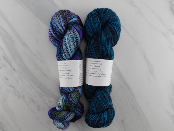 GIFT OF THE MERMAID by Lena Mathisson of Softyarn Designs - CURATED YARN SET #5 with After the Rain and Annunciation Blue on Stained Glass Sock
