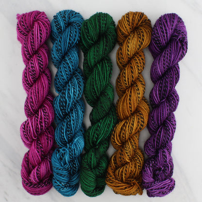TWELFTH NIGHT Mini-Skein Set of Five - Hand-Dyed 20 gram Sock-Weight Mini Skeins on Stained Glass Fingering