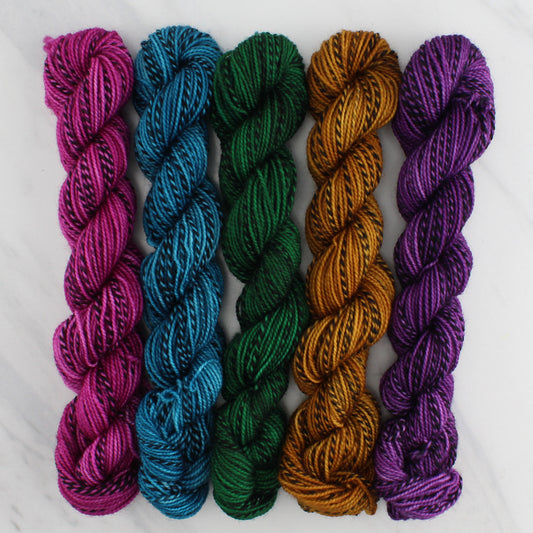 TWELFTH NIGHT Mini-Skein Set of Five - Hand-Dyed 20 gram Sock-Weight Mini Skeins on Stained Glass Fingering