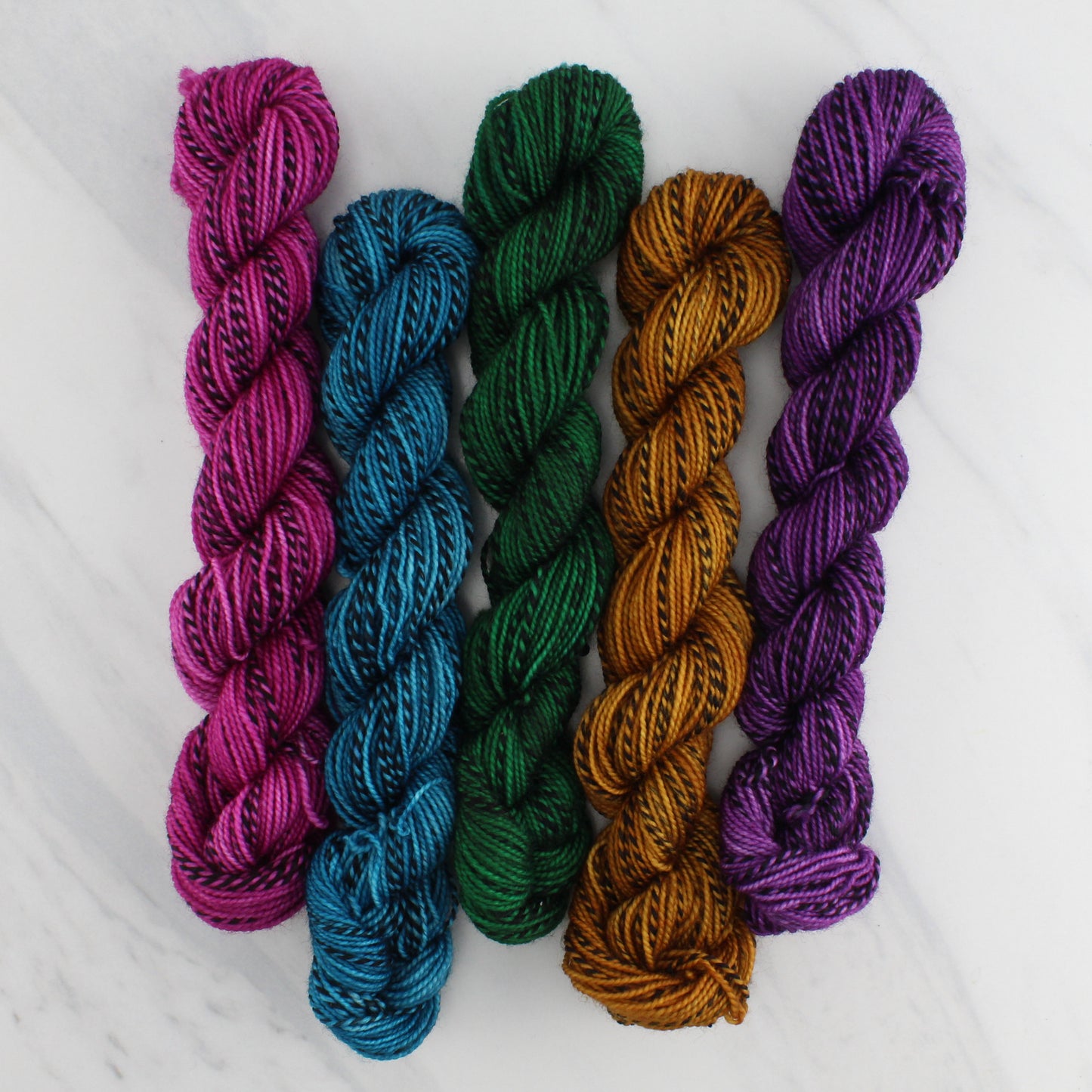 TWELFTH NIGHT Mini-Skein Set of Five - Hand-Dyed 20 gram Sock-Weight Mini Skeins on Stained Glass Fingering