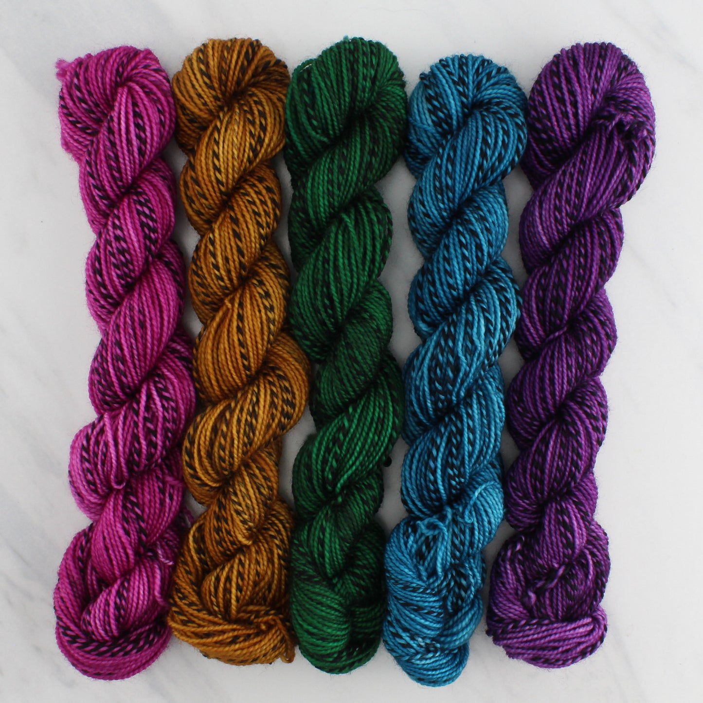 TWELFTH NIGHT Mini-Skein Set of Five - Hand-Dyed 20 gram Sock-Weight Mini Skeins on Stained Glass Fingering