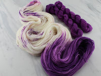 POOLS OF COLOR SHAWL by Deborah Bowanko - YARN SET #1 with Crocuses in Snow on Sock Perfection and Eggplant Minis on Splendid Sock