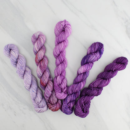 PURPLE JOY GRADIENT MINI SKEIN SET - Five Hand-Dyed 20 gram Sock-Weight Mini Skeins on Silken Fingering