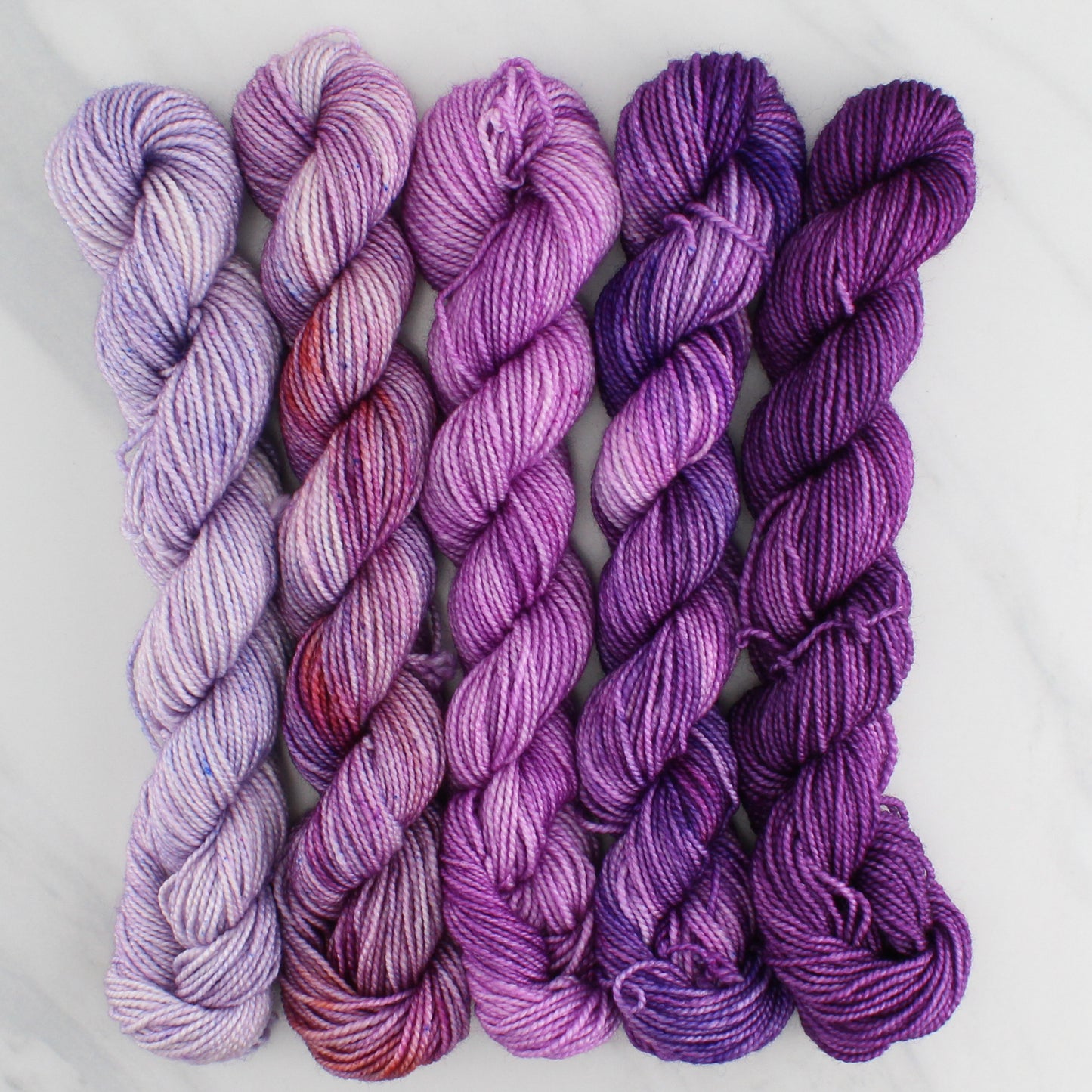 PURPLE JOY GRADIENT MINI SKEIN SET - Five Hand-Dyed 20 gram Sock-Weight Mini Skeins on Silken Fingering