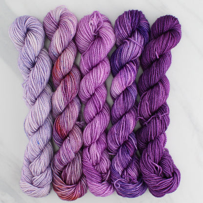PURPLE JOY GRADIENT MINI SKEIN SET - Five Hand-Dyed 20 gram Sock-Weight Mini Skeins on Silken Fingering