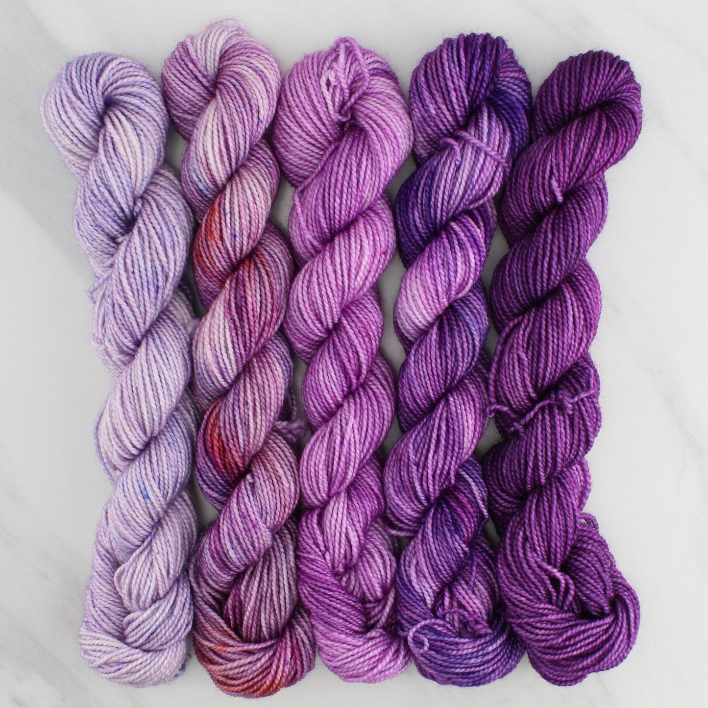 PURPLE JOY GRADIENT MINI SKEIN SET - Five Hand-Dyed 20 gram Sock-Weight Mini Skeins on Silken Fingering