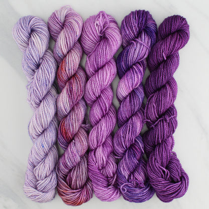 PURPLE JOY GRADIENT MINI SKEIN SET - Five Hand-Dyed 20 gram Sock-Weight Mini Skeins on Silken Fingering