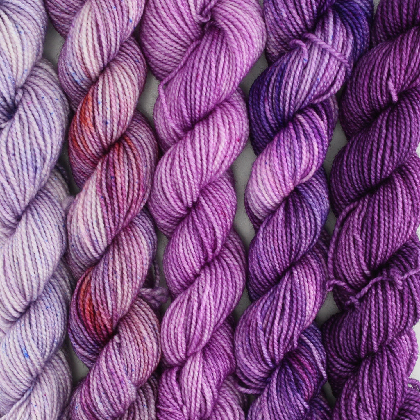 PURPLE JOY GRADIENT MINI SKEIN SET - Five Hand-Dyed 20 gram Sock-Weight Mini Skeins on Silken Fingering