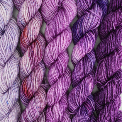 PURPLE JOY GRADIENT MINI SKEIN SET - Five Hand-Dyed 20 gram Sock-Weight Mini Skeins on Silken Fingering