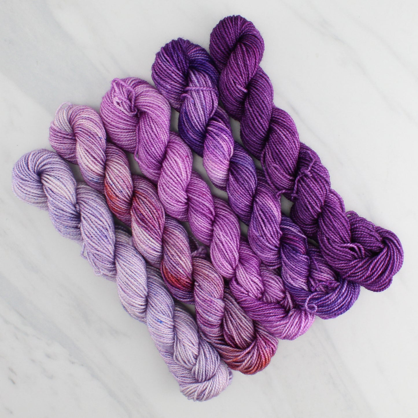 PURPLE JOY GRADIENT MINI SKEIN SET - Five Hand-Dyed 20 gram Sock-Weight Mini Skeins on Silken Fingering