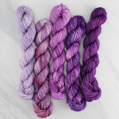 PURPLE JOY GRADIENT MINI SKEIN SET - Five Hand-Dyed 20 gram Sock-Weight Mini Skeins on Silken Fingering