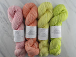AS YOU WISH by Mary Annarella of Lyrical Knits - CURATED YARN SET #1 with Rose Gelato, Peach Gelato, Lemon Gelato, and Lime Gelato on Feather Sock