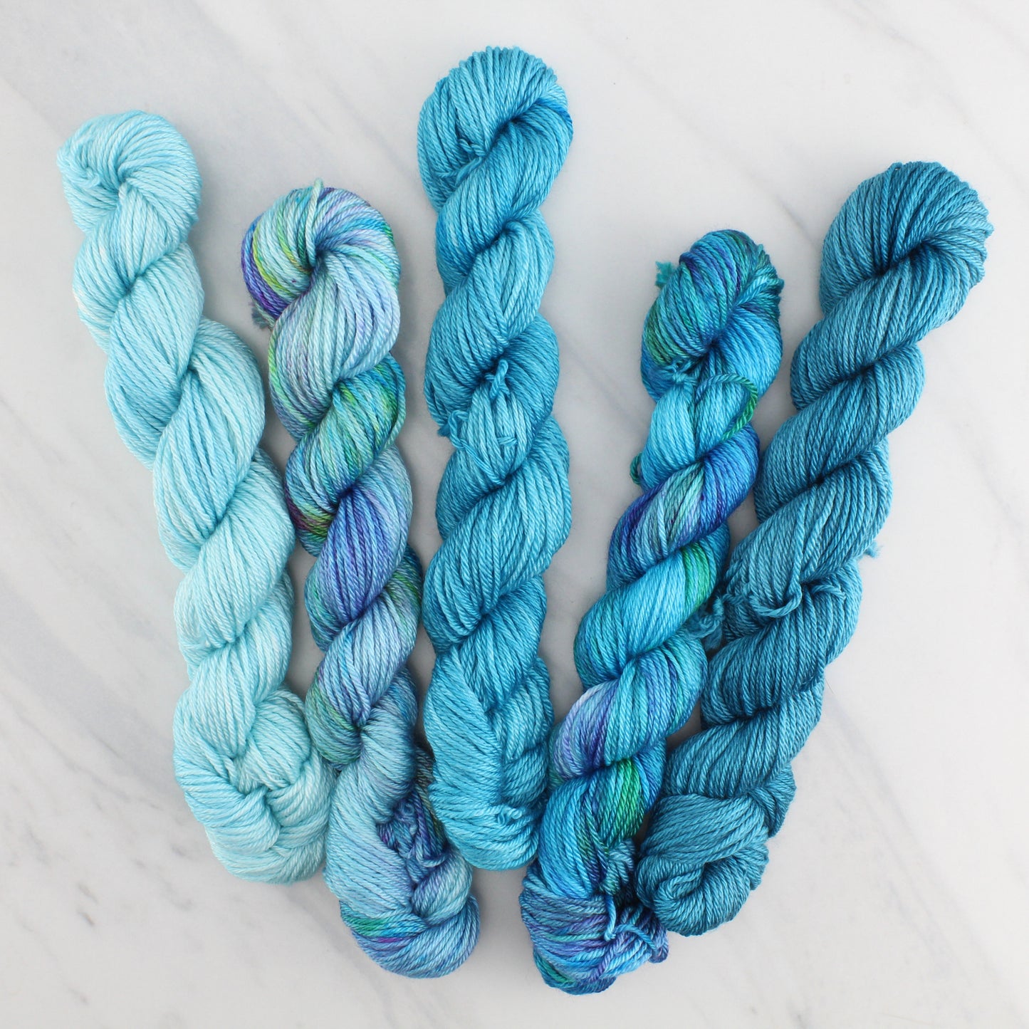 THE BLUES GRADIENT MINI SKEIN SET - Five Hand-Dyed 20 gram Sock-Weight Mini Skeins on So Silky Fingering