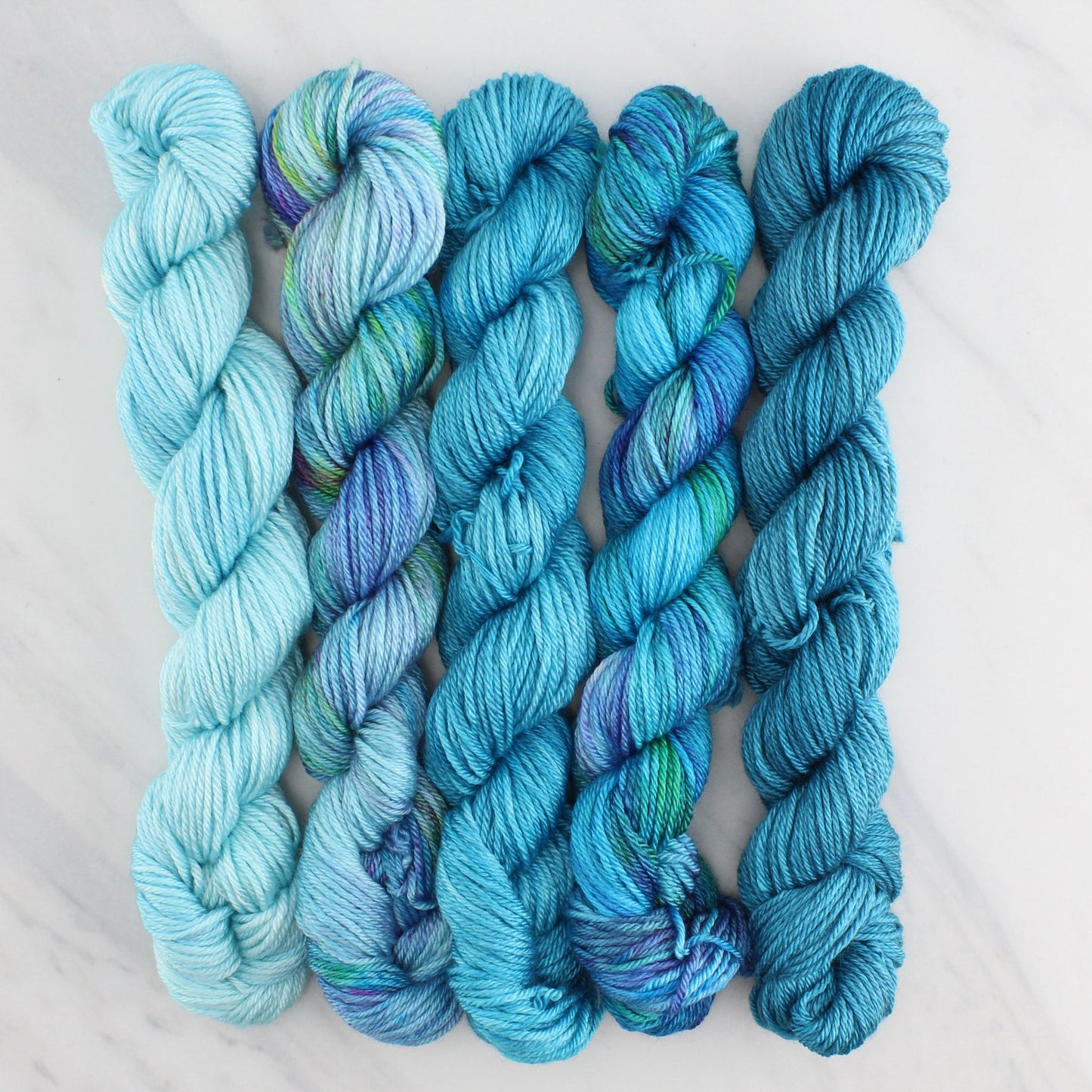 THE BLUES GRADIENT MINI SKEIN SET - Five Hand-Dyed 20 gram Sock-Weight Mini Skeins on So Silky Fingering