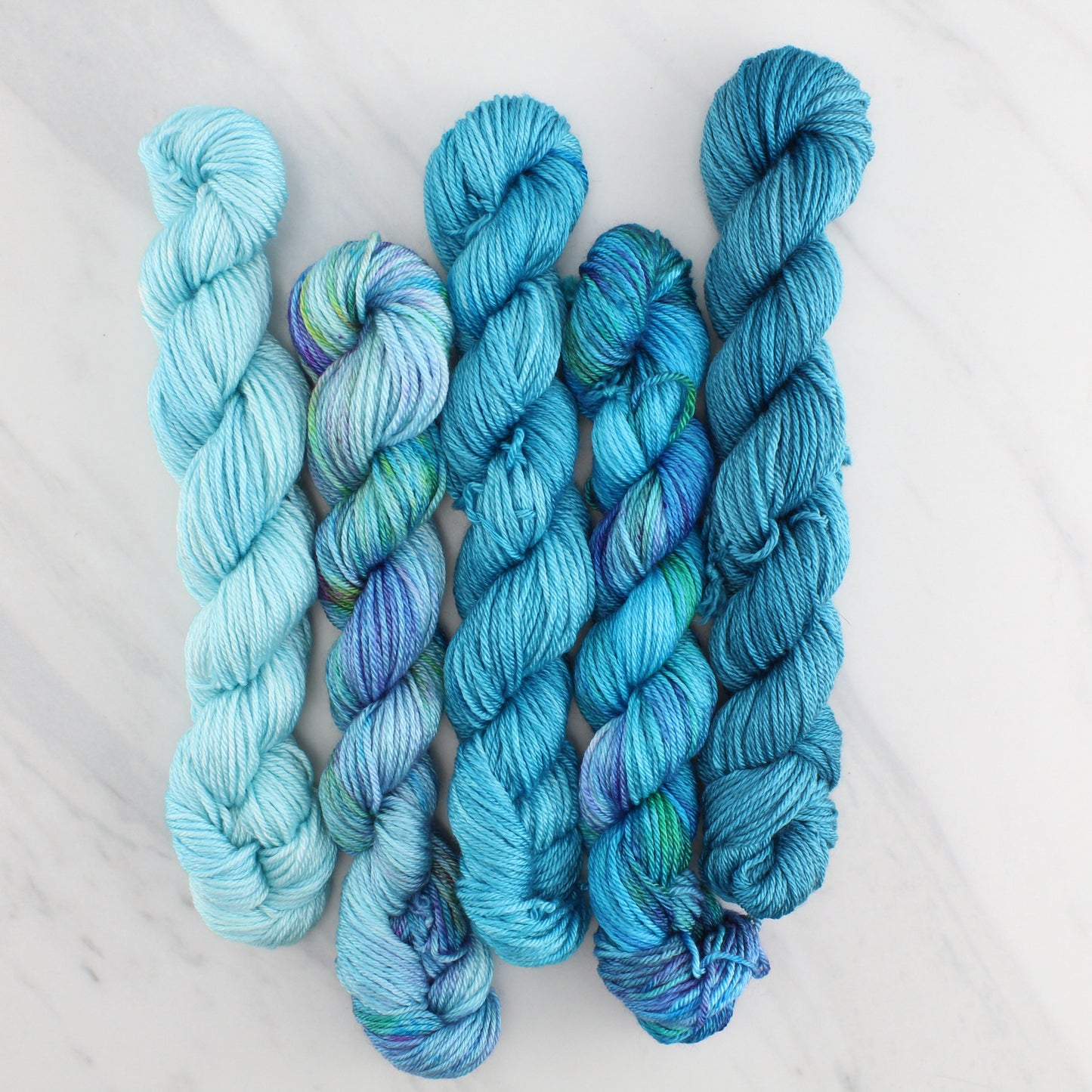 THE BLUES GRADIENT MINI SKEIN SET - Five Hand-Dyed 20 gram Sock-Weight Mini Skeins on So Silky Fingering