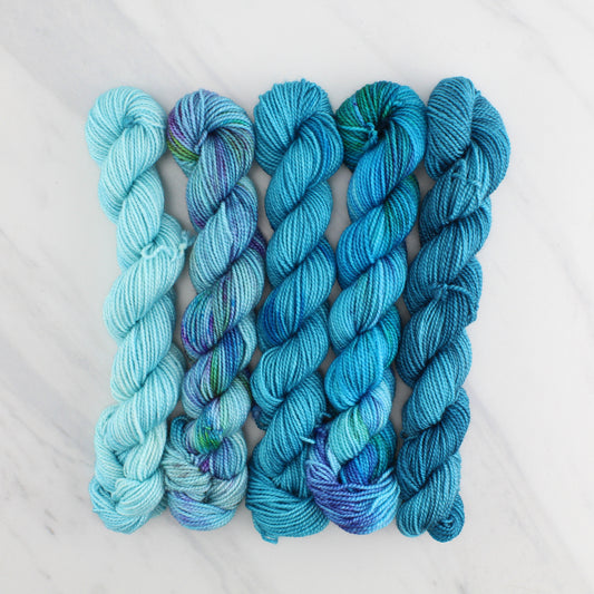 THE BLUES GRADIENT MINI SKEIN SET - Five Hand-Dyed 20 gram Sock-Weight Mini Skeins on Silken Fingering