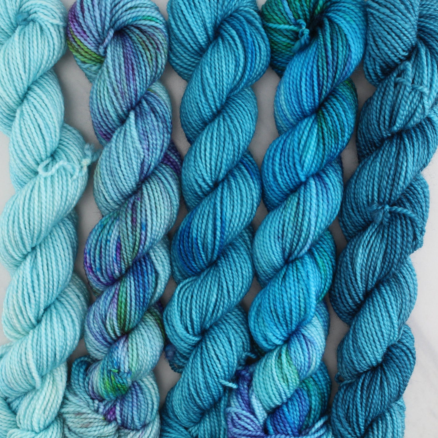 THE BLUES GRADIENT MINI SKEIN SET - Five Hand-Dyed 20 gram Sock-Weight Mini Skeins on Silken Fingering