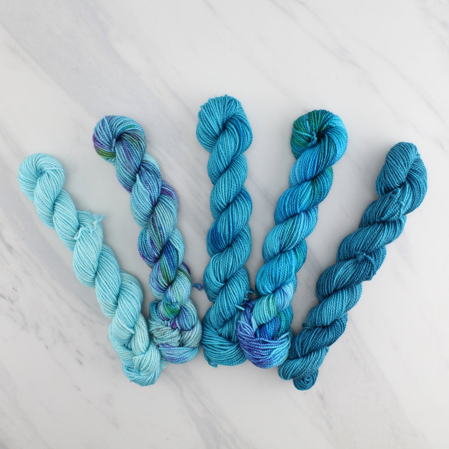THE BLUES GRADIENT MINI SKEIN SET - Five Hand-Dyed 20 gram Sock-Weight Mini Skeins on Silken Fingering