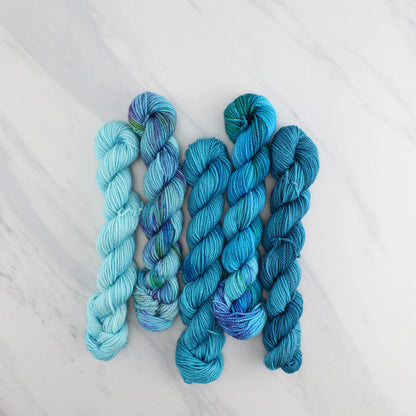 THE BLUES GRADIENT MINI SKEIN SET - Five Hand-Dyed 20 gram Sock-Weight Mini Skeins on Silken Fingering