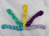 MINI-SKEIN SET #1 - Five Hand-Dyed 20 gram Sock-Weight Mini Skeins on Silken Sock - Purple Lamb