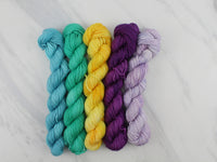 MINI-SKEIN SET #1 - Five Hand-Dyed 20 gram Sock-Weight Mini Skeins on Silken Sock - Purple Lamb