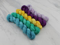 MINI-SKEIN SET #1 - Five Hand-Dyed 20 gram Sock-Weight Mini Skeins on Silken Sock - Purple Lamb