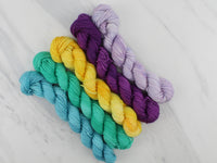 MINI-SKEIN SET #1 - Five Hand-Dyed 20 gram Sock-Weight Mini Skeins on Silken Sock - Purple Lamb