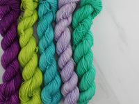 MINI-SKEIN SET #2 - Five Hand-Dyed 20 gram Sock-Weight Mini Skeins on Silken Sock - Purple Lamb