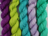 MINI-SKEIN SET #2 - Five Hand-Dyed 20 gram Sock-Weight Mini Skeins on Silken Sock - Purple Lamb