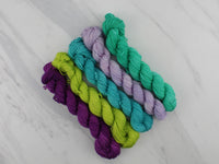 MINI-SKEIN SET #2 - Five Hand-Dyed 20 gram Sock-Weight Mini Skeins on Silken Sock - Purple Lamb