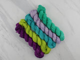 MINI-SKEIN SET #2 - Five Hand-Dyed 20 gram Sock-Weight Mini Skeins on Silken Sock - Purple Lamb