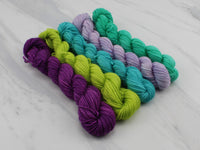 MINI-SKEIN SET #2 - Five Hand-Dyed 20 gram Sock-Weight Mini Skeins on Silken Sock - Purple Lamb