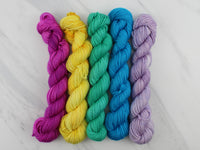 MINI-SKEIN SET #3 - Five Hand-Dyed 20 gram Sock-Weight Mini Skeins on Silken Sock - Purple Lamb