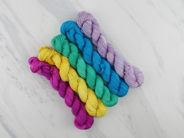 MINI-SKEIN SET #3 - Five Hand-Dyed 20 gram Sock-Weight Mini Skeins on Silken Sock - Purple Lamb