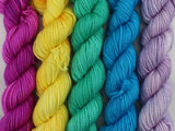 MINI-SKEIN SET #3 - Five Hand-Dyed 20 gram Sock-Weight Mini Skeins on Silken Sock - Purple Lamb