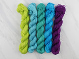 MINI-SKEIN SET #4 - Five Hand-Dyed 20 gram Sock-Weight Mini Skeins on Silken Sock - Purple Lamb