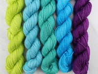 MINI-SKEIN SET #4 - Five Hand-Dyed 20 gram Sock-Weight Mini Skeins on Silken Sock - Purple Lamb