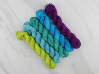 MINI-SKEIN SET #4 - Five Hand-Dyed 20 gram Sock-Weight Mini Skeins on Silken Sock - Purple Lamb