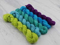 MINI-SKEIN SET #4 - Five Hand-Dyed 20 gram Sock-Weight Mini Skeins on Silken Sock - Purple Lamb
